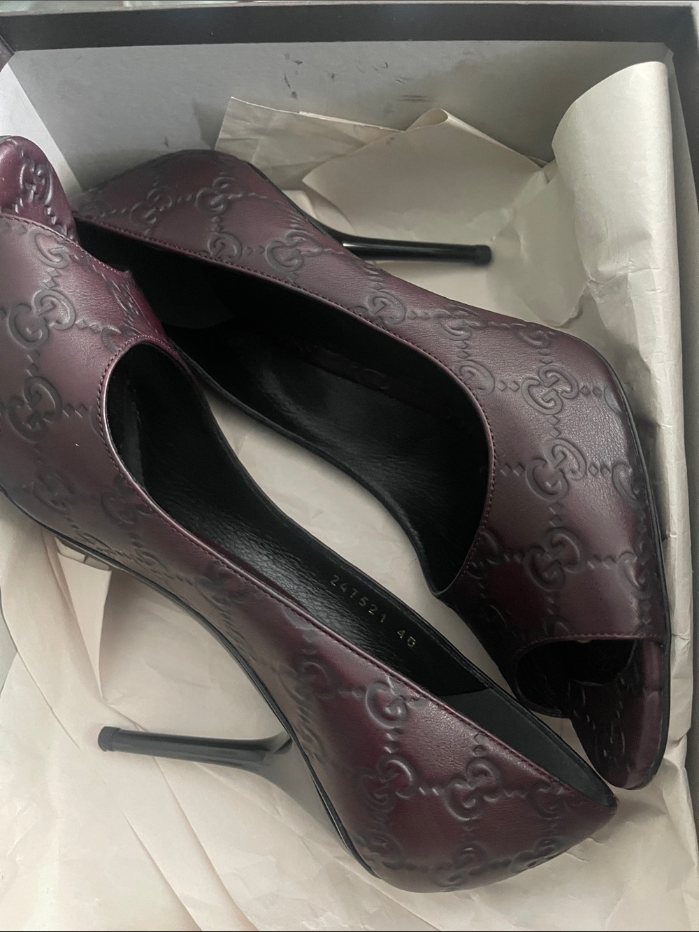 Gucci Embossed GG Peep-Toe Stiletto Heels